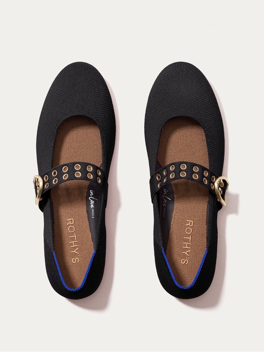 ROTHY'S The Ballet Mary Jane Flats Black Knit Gold Buckle 10